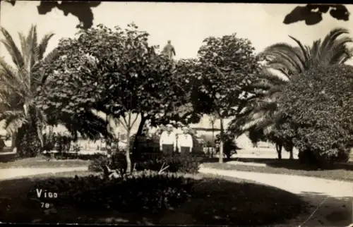 Ak Vigo Galicien Spanien,  Parkansicht mit Denkmal und Palmen, Nr. 78