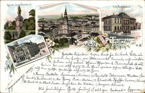 Litho Opava Troppau Region Mährisch Schlesien, Postgebäude, Kaiser-Josef-Denkmal