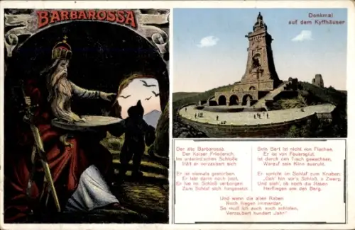Ak Bad Frankenhausen am Kyffhäuser Thüringen, Denkmal Barbarossa, Kaiser Friedrich,  Gedicht über