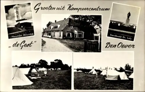 Ak Den Oever Nordholland, Monument Afsluitdijk, Standbeeld Dr Lely, Kampeercentrum de Gest