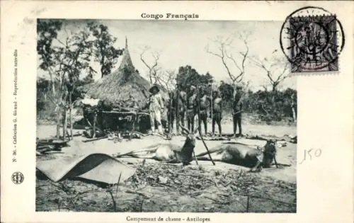 Ak Französisch Kongo, Campement de chasse, Antilopes, Antilopenjagd