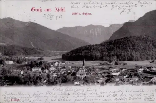 Ak Bad Ischl in Oberösterreich, Blick auf  Berge im Hintergrund, Kirche, Gruß aus Ischl