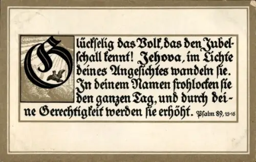Ak Lutherbibel, Psalm 89, 15-16, Glückselig das Volk, das den Jubelschall kennt