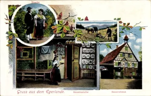 Ak Cheb Eger Region Karlsbad, Egerland, Bauernstube, Tracht, Bauernhaus