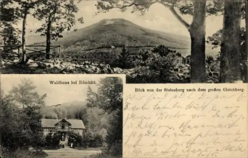 Ak Römhild in Thüringen, Blick von der Steinsburg nach dem großen Gleichen, Waldhaus