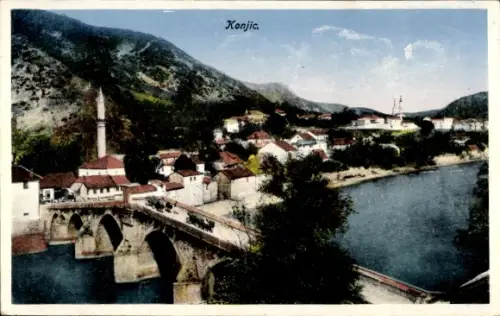 Ak Konjic Bosnien Herzegowina, Teilansicht, Brücke, Minarett