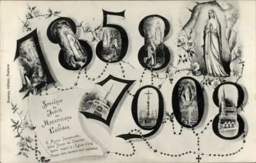 Ak Lourdes Hautes Pyrénées, souvenir du Jubilé des Apparitions, 1858 à 1908