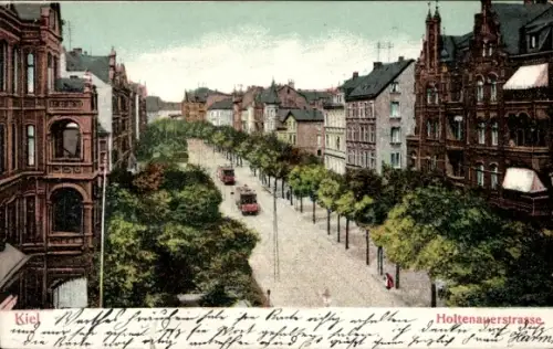 Ak Holtenau Kiel,  Holtenauerstraße, Straßenbahn, Häuserzeile