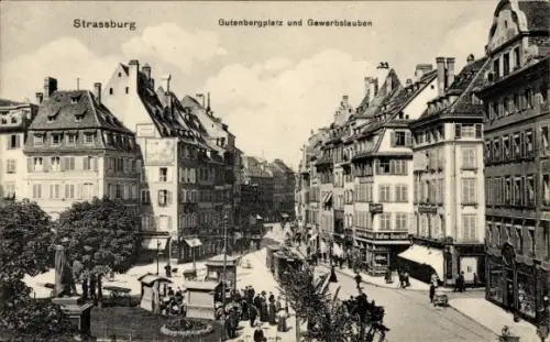 Ak Strasbourg Straßburg Elsass Bas Rhin, Gutenbergplatz und Gewerbslauben