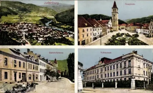 Ak Judenburg Steiermark,  Hauptplatz, Bahnhofstrasse, Volksschule