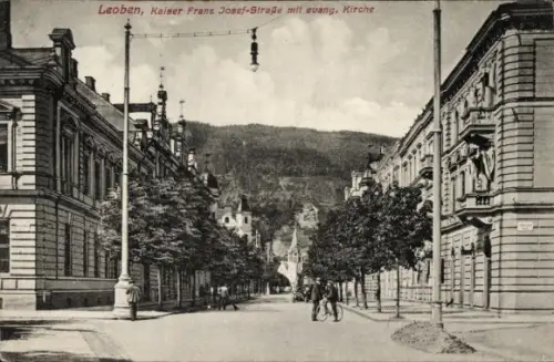 Ak Leoben Steiermark,  Kaiser Franz Josef-Straße, evang. Kirche