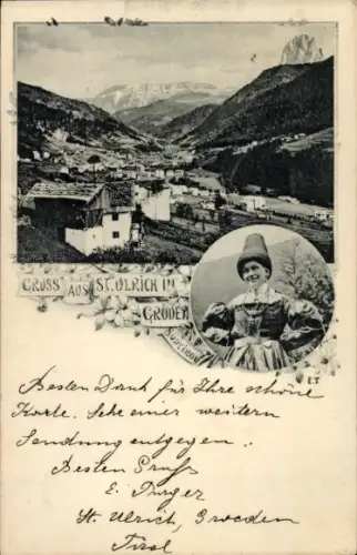 Ak Ortisei Sankt Ulrich in Gröden Südtirol, Panorama, Frau in Tracht