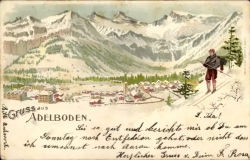 Litho Adelboden Kanton Bern Schweiz, Winterpanorama, Skifahrer