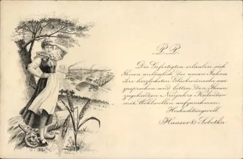 Litho Wien 22 Donaustadt Stadlau, Malzfabrik Hauser & Sobotka, Fröhliches Neujahr