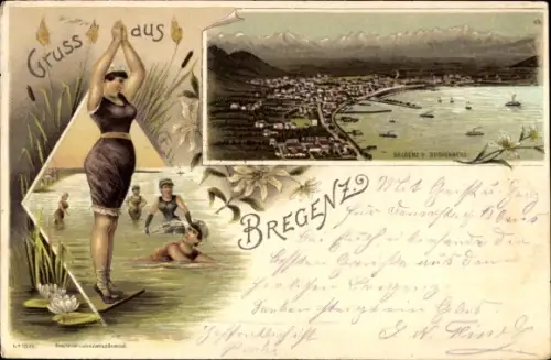 Litho Bregenz am Bodensee Vorarlberg, Gesamtansicht, Frauen beim Baden