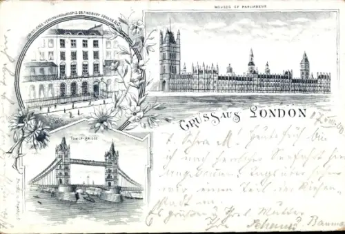Litho London City England, Tower Bridge, Houses of Parliament