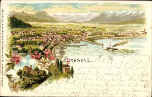 Litho Bregenz in Vorarlberg, Panorama von Stadt und Umgebung