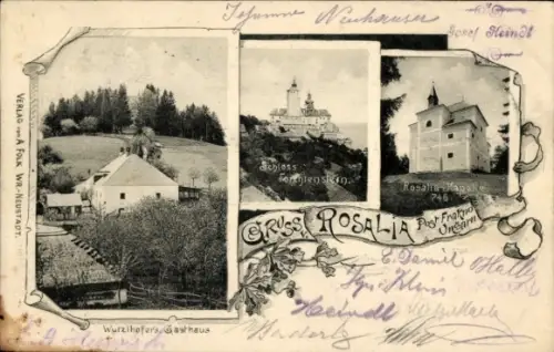 Ak Forchtenstein Burgenland Österreich, Wurzihofers Gasthaus, Schloss Forchtenstein, Rosalia Kapelle