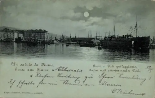 Mondschein Ak Rijeka Fiume Kroatien, Hafen und schwimmendes Dock