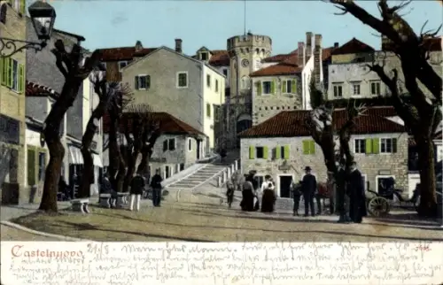 Ak Herceg Novi Castelnuovo Montenegro, Platz, Uhrturm