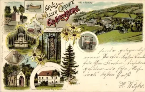 Litho Lázně Jeseník Bad Gräfenberg Frývaldov Freiwaldau Reg. Olmütz, Kapelle, Denkmal, Aussichtsturm