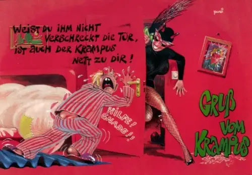 Ak Krampus, Gewalttätiger Frau und leidender Mann, Weist du ihm nicht verschreckt die Tür...