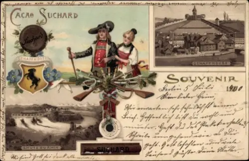 Litho Schaffhausen Stadt Schweiz, Cacao Suchard, Panorama, Rheinfall, Mann und Frau in Trachten
