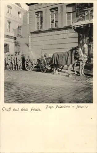 CPA Péronne Somme, Bayrische Feldküche, Café, deutsche Soldaten