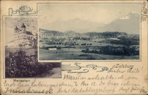 Ak Salzburg in Österreich, Panorama mit Bergen, kleines Foto eines Gebäudes mit Turm, ornamentale