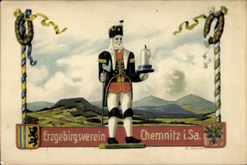 Künstler Ak G. Heinz, Chemnitz in Sachsen, Erzgebirgsverein, Bergmann mit Kerze