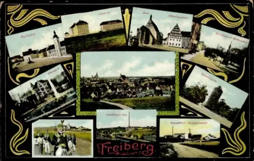 Ak Freiberg in Sachsen, Marktplatz, Kaserne, Dom, Albertmuseum, Albertpark, Donatsturm