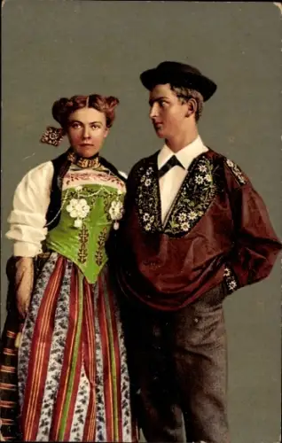 Ak Kt. Nidwalden Schweiz, Mädchen und Bursche aus Unterwalden, Trachten