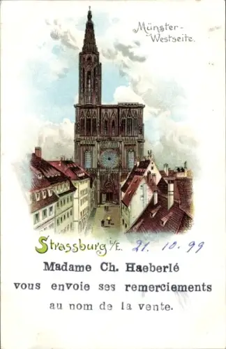 Litho Strasbourg Straßburg Elsass Bas Rhin, Blick auf das Münster, Westseite