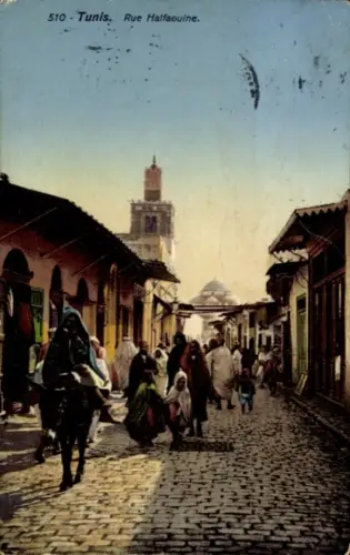 Ak Tunis Tunesien, Rue Halfaouine, Straßenpartie, Passanten, Esel