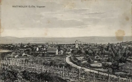 Ak Wattwiller Wattweiler Elsass Haut Rhin, WATTWEILER O.-Els., Vogesen, Weinberge, Dorf mit Kirch