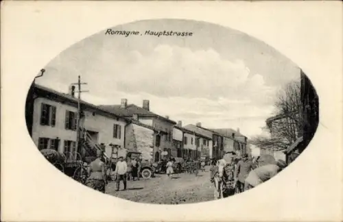 Ak Romagne Lothringen Meuse, Hauptstraße, deutsche Soldaten, 1. WK