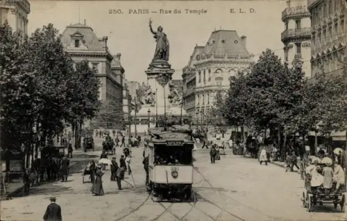 Ak Paris III, Rue du Temple, Straßenbahn
