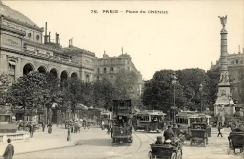 Ak Paris I, Place du Châtelet, Brunnen Denkmal, Straßenbahnen, Busse