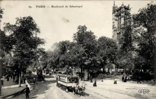 Ak Paris IV, Boulevard de Sebastopol, Tour Saint Jacques, Pferdebahn