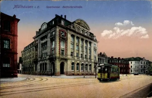 Ak Mulhouse Mülhausen Elsass Haut Rhin, Sparkasse, Belforter Straße, Straßenbahn