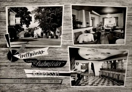Ak Scheeßel in Niedersachsen, Treffpunkt Ludwig Stahmleder, Bar, Speisesaal, Außenansicht