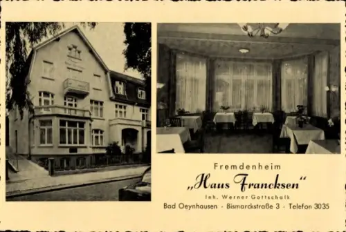 Ak Bad Oeynhausen in Westfalen, Haus Francksen, Fremdenheim,  Bismarckstr. 3, Telefon 3035