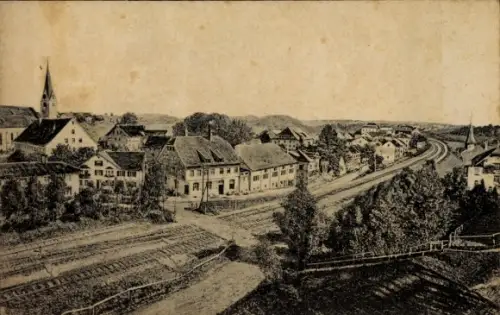 Ak Heimenkirch im Allgäu, Panorama, Eisenbahnstrecke