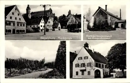 Ak Siegenburg in Niederbayern, Siegenburg Marktplatz, Hopfenpräparieranstalt mit Kriegerdenkmal, 