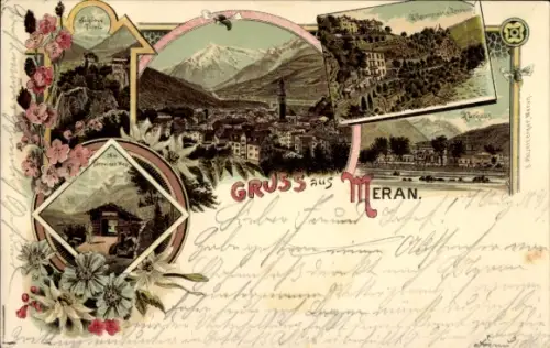 Litho Meran Merano Südtirol, Panorama, Kurhaus, Schloss Tirolo