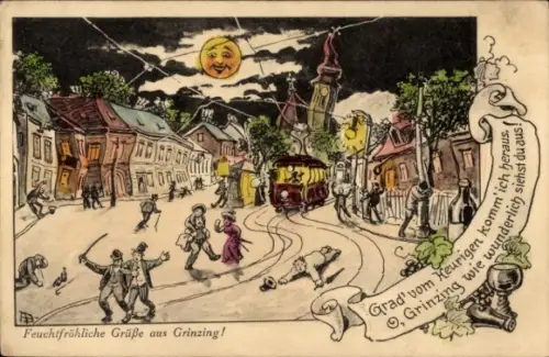 Künstler Ak Wien 19 Döbling Grinzing, Betrunkene Menschen, Mond, Nacht