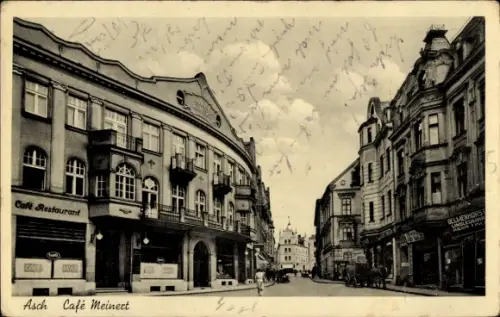 Ak Aš Asch Region Karlsbad, Café Meinert, Straßenpartie, Geschäfte