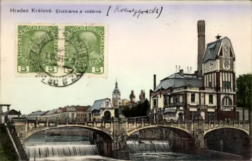 Ak Hradec Králové Königgrätz Stadt,  Elektrárna a vodárna, Flussbrücke mit Wehr