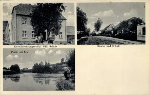 Ak Drzewce Leichholz Ostbrandenburg, Kolonialwarenhandlung Willi Schulz, Kirche und Schule, See