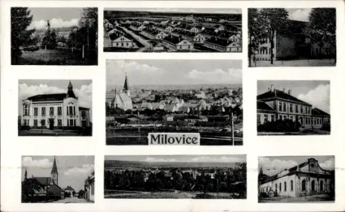 Ak Milovice nad Labem Milowitz Mittelböhmen,  Kirchturm, Denkmal im Park, Reihenhaussiedlung, Sta